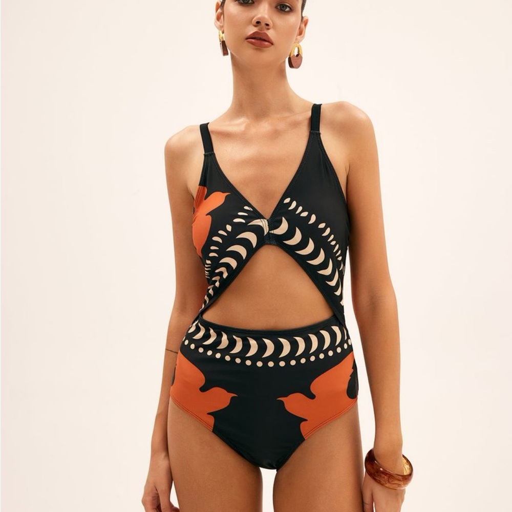 Commense Bird Print Cutout One Piece Swimsuit